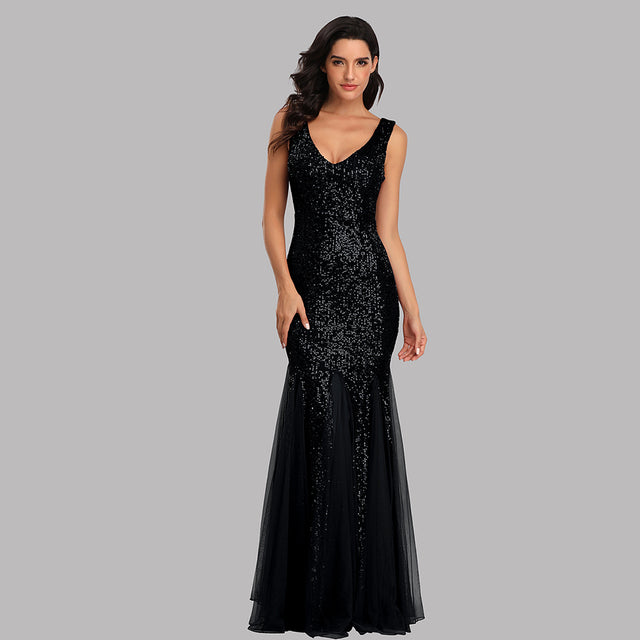 Plus Size V Neck Mermaid Burgundy Dress Long Formal Prom Party Gown Sequins Sleeveless Robe De Soriee Sexy Evening Vestido De