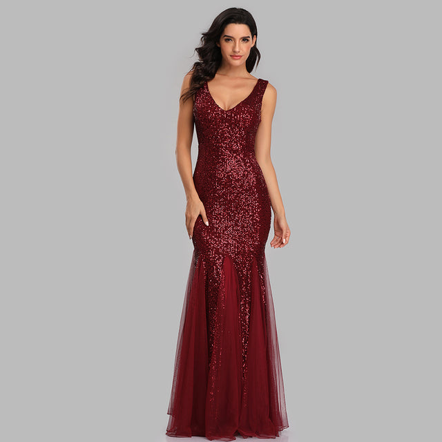 Plus Size V Neck Mermaid Burgundy Dress Long Formal Prom Party Gown Sequins Sleeveless Robe De Soriee Sexy Evening Vestido De