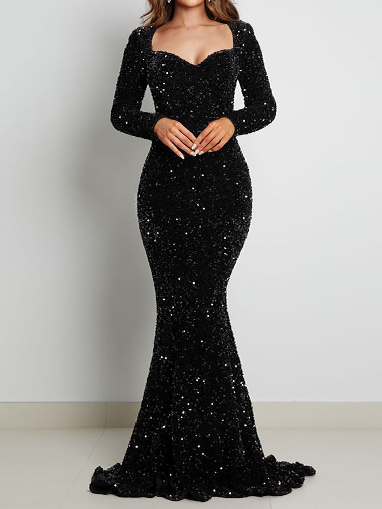 Luxury Black Long Sleeve Evening Gown Sequin Stretchy Velvet V Neck Mermaid Prom Floor Length Dress Burgundy Winter