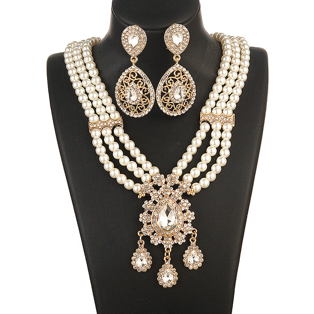 Arab Wedding Ornaments Set Fashionable Green Rhinestone Jewelry Moroccan Women Pearl Earrings Pearl Necklace Waist Chain,