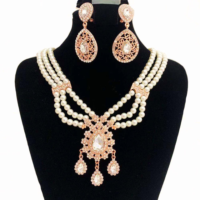 Arab Wedding Ornaments Set Fashionable Green Rhinestone Jewelry Moroccan Women Pearl Earrings Pearl Necklace Waist Chain,