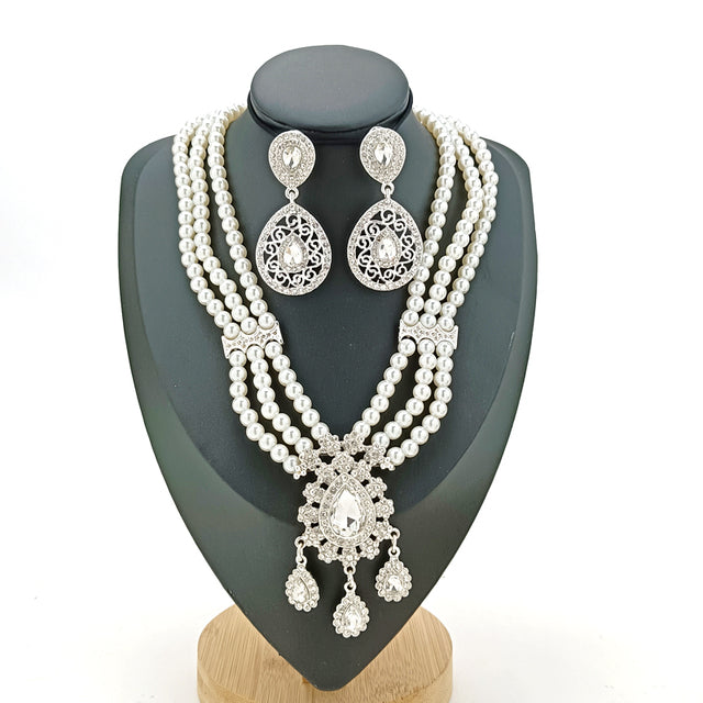 Arab Wedding Ornaments Set Fashionable Green Rhinestone Jewelry Moroccan Women Pearl Earrings Pearl Necklace Waist Chain,