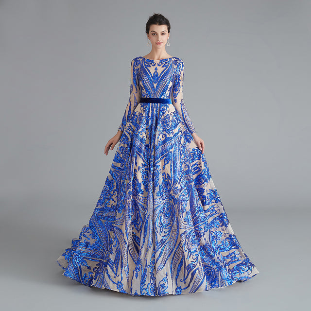 Dubai A-Line Luxury Wedding Evening Night Dresses Muslim 2022 Vintage Long Sleeves Sequin Sparkle Formal Prom Party Gowns