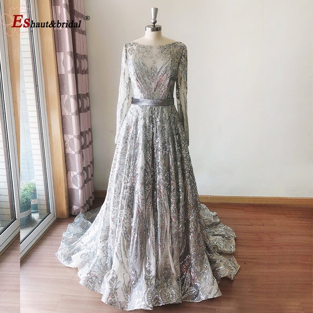 Dubai A-Line Luxury Wedding Evening Night Dresses Muslim 2022 Vintage Long Sleeves Sequin Sparkle Formal Prom Party Gowns