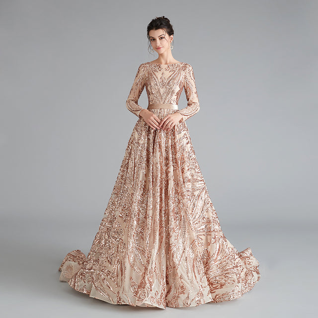 Dubai A-Line Luxury Wedding Evening Night Dresses Muslim 2022 Vintage Long Sleeves Sequin Sparkle Formal Prom Party Gowns