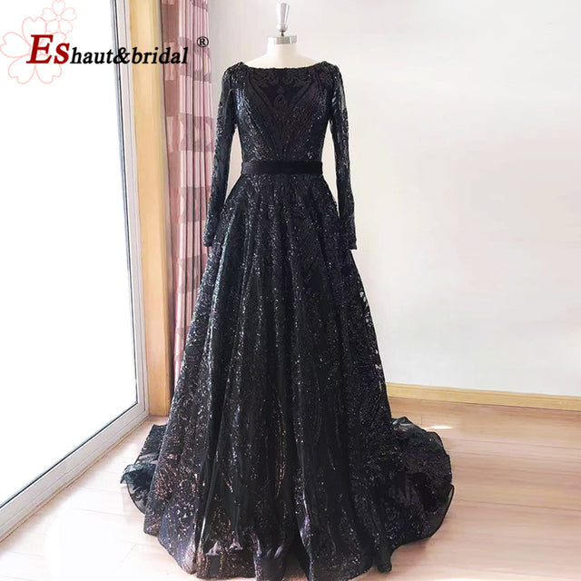 Dubai A-Line Luxury Wedding Evening Night Dresses Muslim 2022 Vintage Long Sleeves Sequin Sparkle Formal Prom Party Gowns