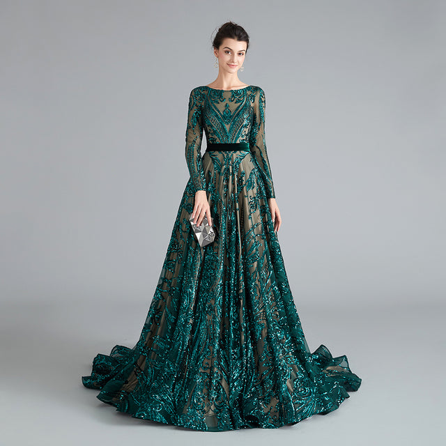 Dubai A-Line Luxury Wedding Evening Night Dresses Muslim 2022 Vintage Long Sleeves Sequin Sparkle Formal Prom Party Gowns