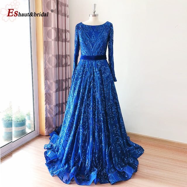 Dubai A-Line Luxury Wedding Evening Night Dresses Muslim 2022 Vintage Long Sleeves Sequin Sparkle Formal Prom Party Gowns