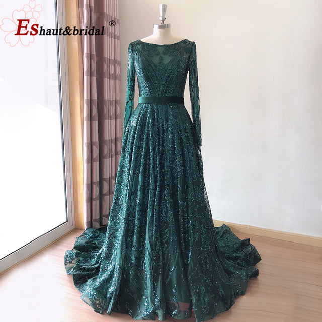 Dubai A-Line Luxury Wedding Evening Night Dresses Muslim 2022 Vintage Long Sleeves Sequin Sparkle Formal Prom Party Gowns
