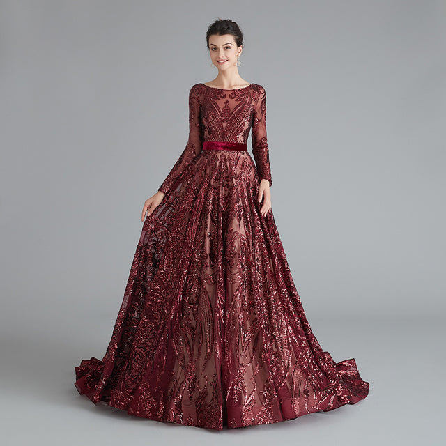 Dubai A-Line Luxury Wedding Evening Night Dresses Muslim 2022 Vintage Long Sleeves Sequin Sparkle Formal Prom Party Gowns
