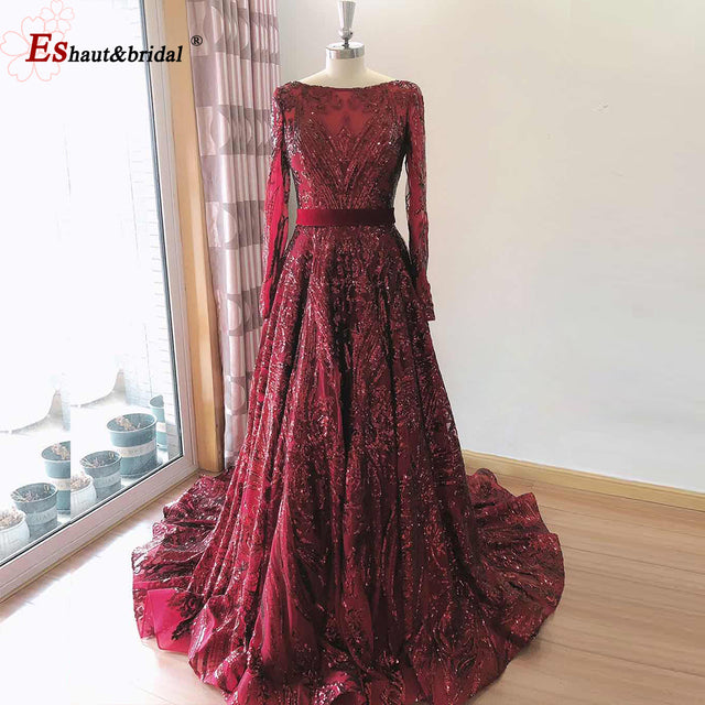 Dubai A-Line Luxury Wedding Evening Night Dresses Muslim 2022 Vintage Long Sleeves Sequin Sparkle Formal Prom Party Gowns