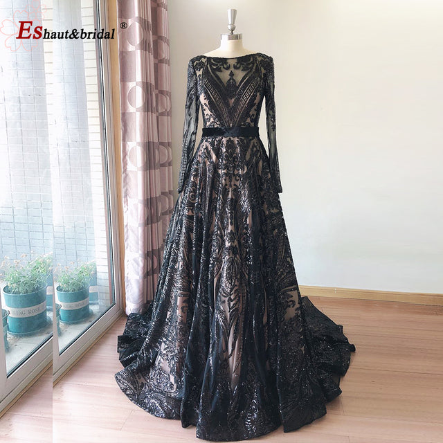 Dubai A-Line Luxury Wedding Evening Night Dresses Muslim 2022 Vintage Long Sleeves Sequin Sparkle Formal Prom Party Gowns