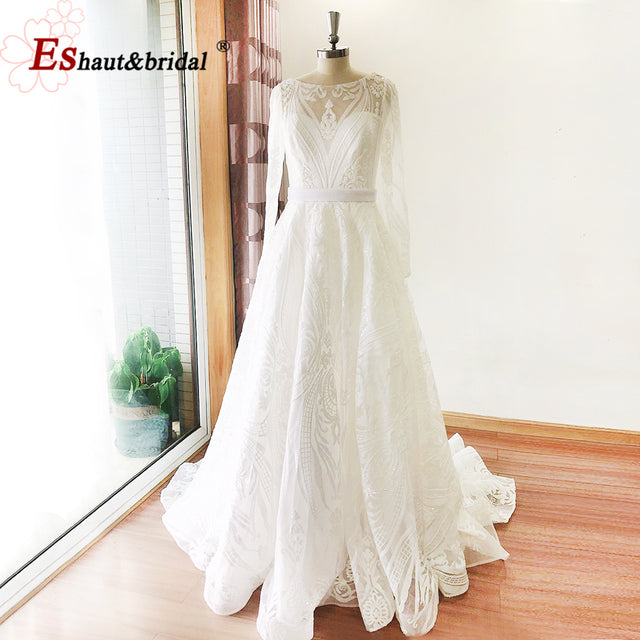 Dubai A-Line Luxury Wedding Evening Night Dresses Muslim 2022 Vintage Long Sleeves Sequin Sparkle Formal Prom Party Gowns