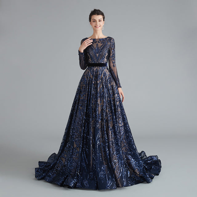 Dubai A-Line Luxury Wedding Evening Night Dresses Muslim 2022 Vintage Long Sleeves Sequin Sparkle Formal Prom Party Gowns