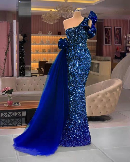 Dark Green Mermaid Evening Dresses One Shoulder Luxury Sequins Velvet Floor Length Prom Dress Pageant Gown Custom Made