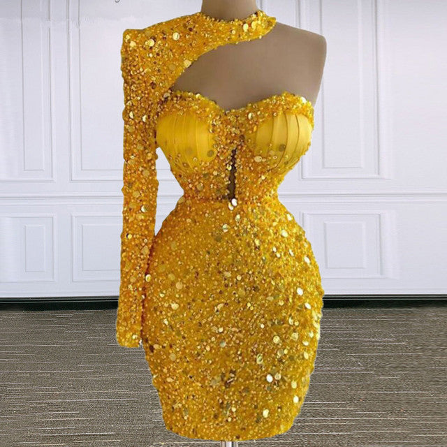 Luxury Evening Dresses Gold Sequins Beads Pearls Halter Mermaid Prom Dress Long Sleeves Party Gowns Customize Robes De Mariée