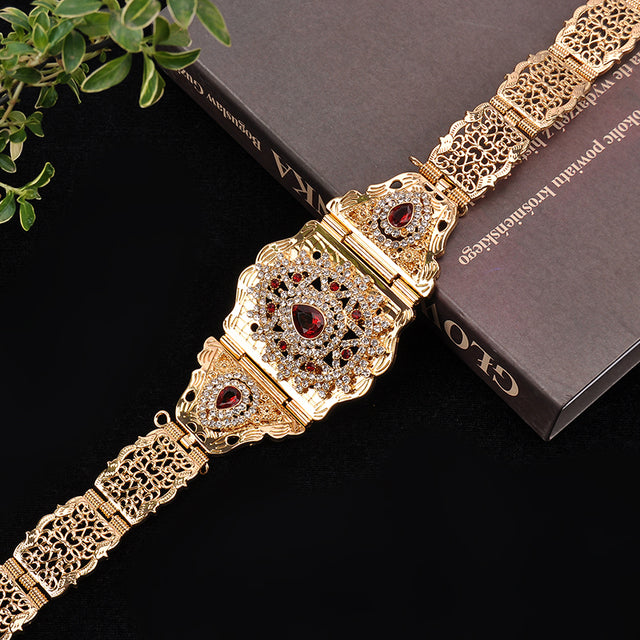 Women Caftan Belt Gold Color Red Green Stone Ethnic Wedding Dress Kaftan Abaya Metal Waist Chain Belt Jewelry