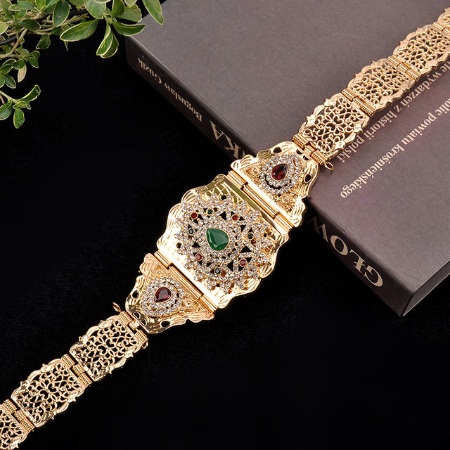 Women Caftan Belt Gold Color Red Green Stone Ethnic Wedding Dress Kaftan Abaya Metal Waist Chain Belt Jewelry