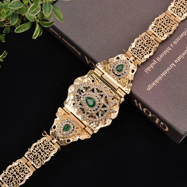 Women Caftan Belt Gold Color Red Green Stone Ethnic Wedding Dress Kaftan Abaya Metal Waist Chain Belt Jewelry