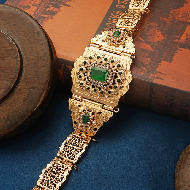 Women Caftan Belt Gold Color Red Green Stone Ethnic Wedding Dress Kaftan Abaya Metal Waist Chain Belt Jewelry
