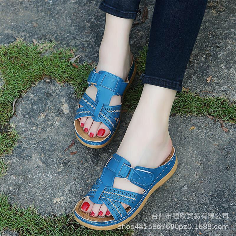 Large size casual sandals female 2019 new European and American solid color thick bottom cross drag women's shoes sandals wish Amazon