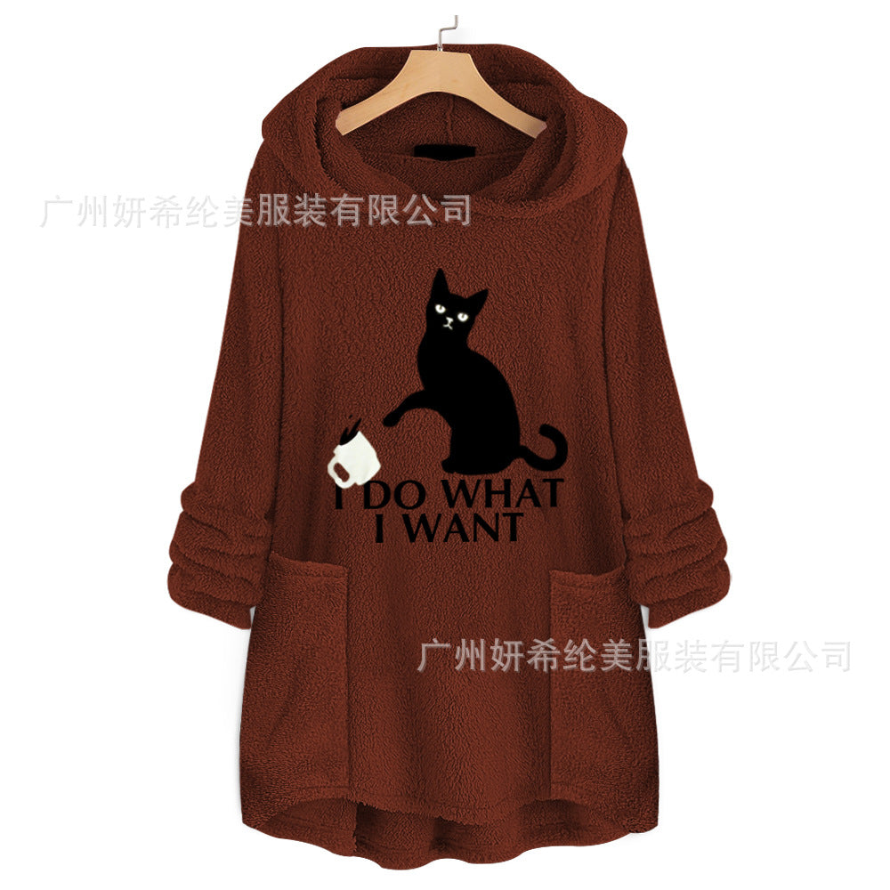 Cat Print Long Hoodies Sweatshirt Women Fleece Warm Embroidery Pocket Pullovers Cat Ear Plus Size Hoodie Top Blouse Sweat Femme