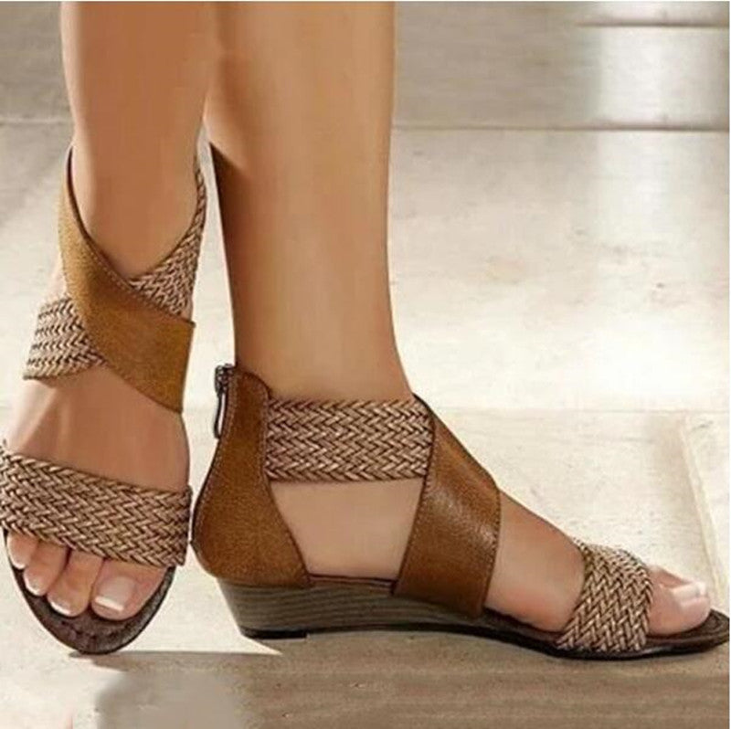 Wish Amazon large size comfortable slope heel sandals female 2020 summer new bohemian retro woven sandals