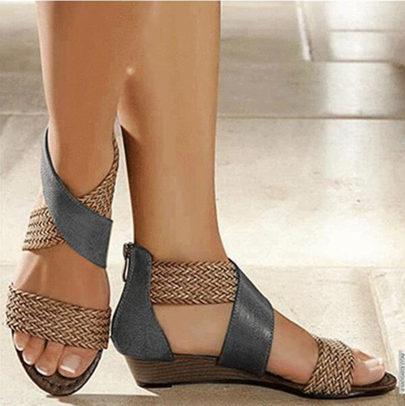 Wish Amazon large size comfortable slope heel sandals female 2020 summer new bohemian retro woven sandals