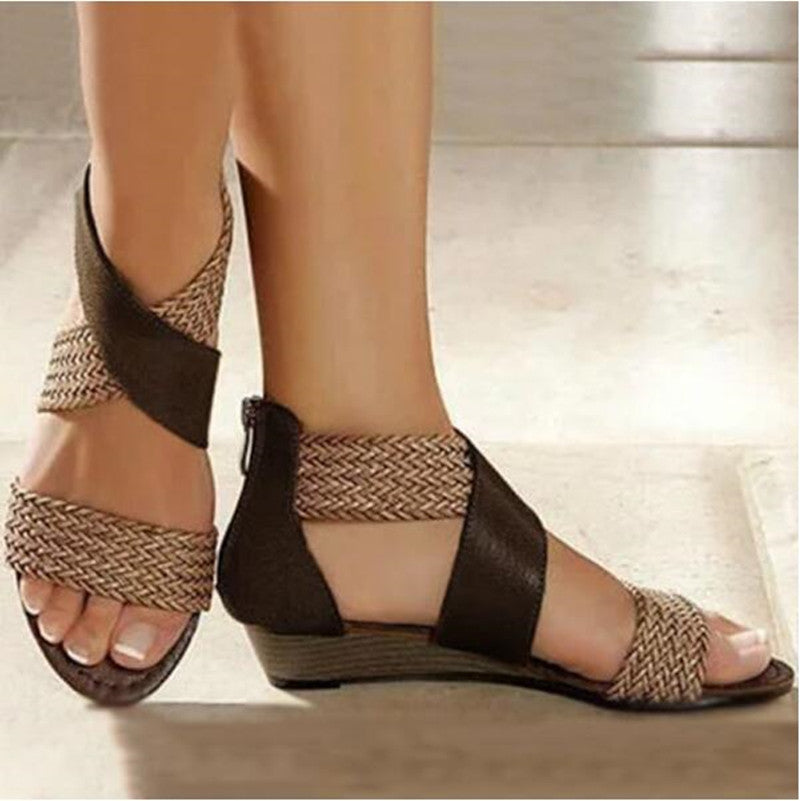 Wish Amazon large size comfortable slope heel sandals female 2020 summer new bohemian retro woven sandals