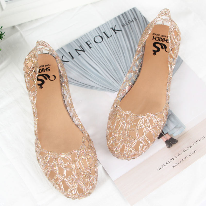 Summer women's shoes beach flat bird's nest hole shoes plastic crystal jelly shoes hollow mesh sandals mother single shoes