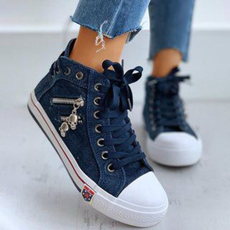 Spring and autumn new denim high-top canvas shoes ladies casual shoes student cloth shoes flat sole shoes cross-border