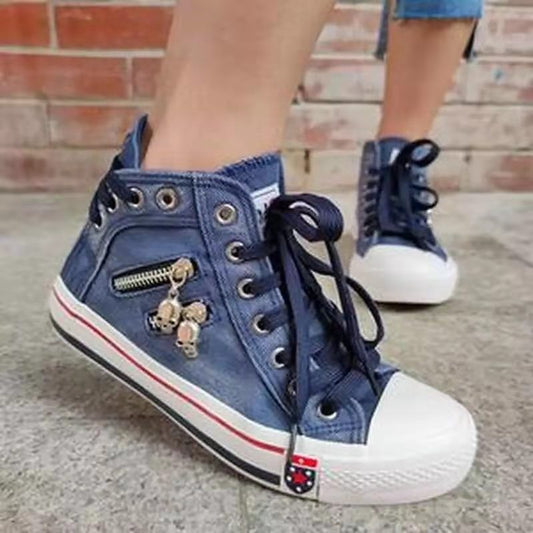 Spring and autumn new denim high-top canvas shoes ladies casual shoes student cloth shoes flat sole shoes cross-border