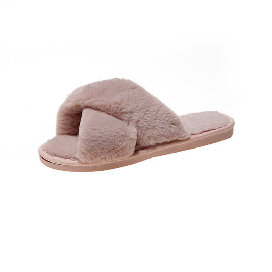 Plush slippers women 2020 winter new open-toed flat-bottom home women's slippers cross-hair shoes one generation