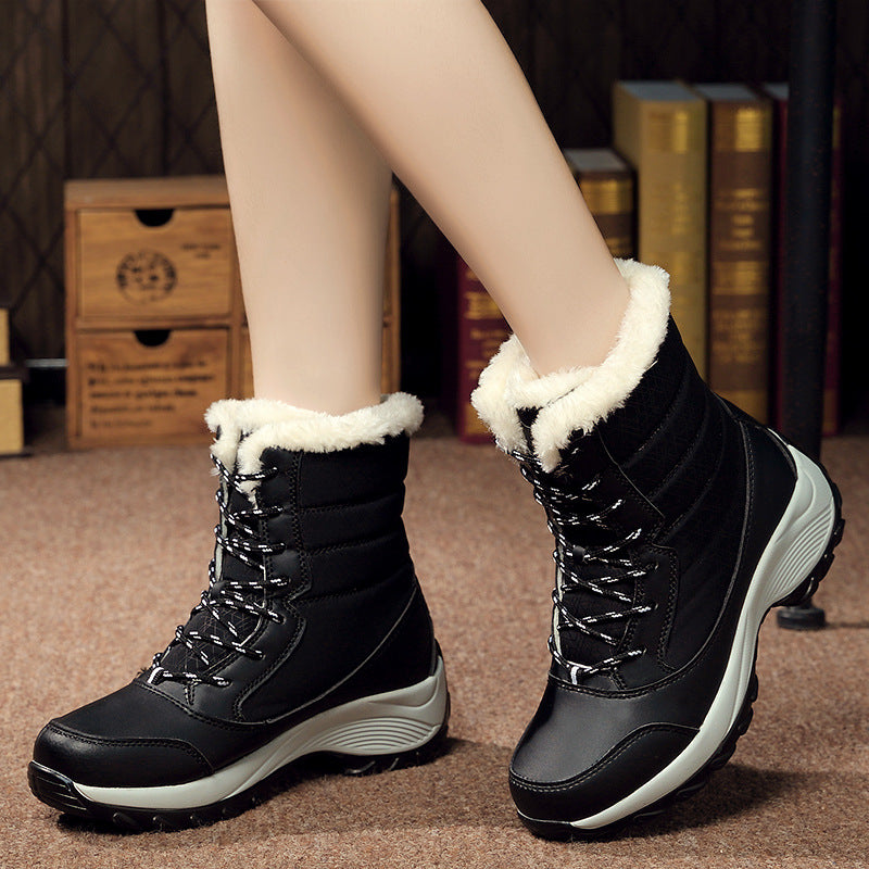 Winter high-top women's shoes Korean thick-soled snow boots women's thick plush warmth waterproof lace-up mid-tube women's boots for children