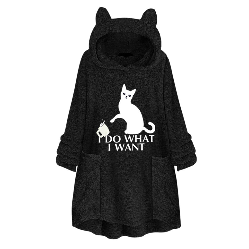 Cat Print Long Hoodies Sweatshirt Women Fleece Warm Embroidery Pocket Pullovers Cat Ear Plus Size Hoodie Top Blouse Sweat Femme