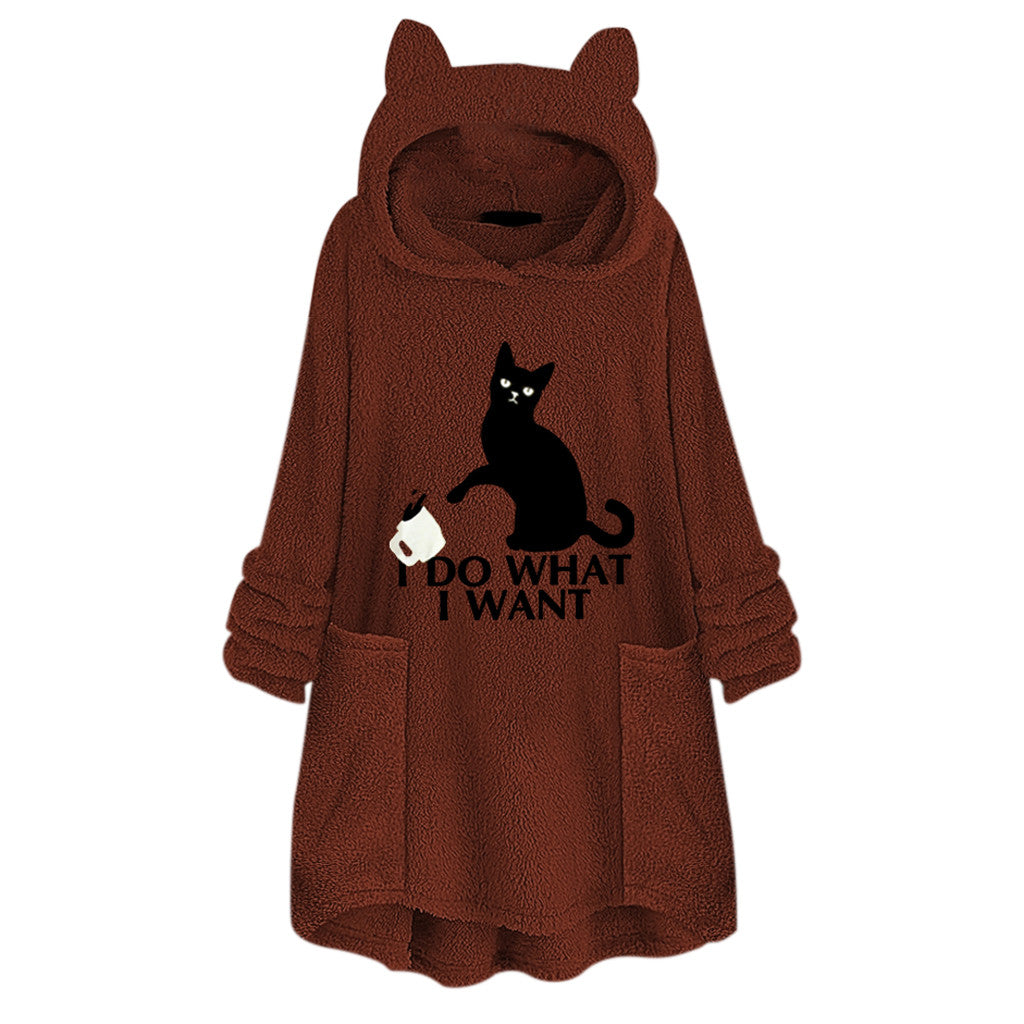 Cat Print Long Hoodies Sweatshirt Women Fleece Warm Embroidery Pocket Pullovers Cat Ear Plus Size Hoodie Top Blouse Sweat Femme