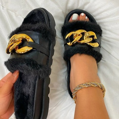 Chain plush slippers women 2021 new European and American thick-soled one-word plush slippers foreign trade large size cross-border sandals and slippers women