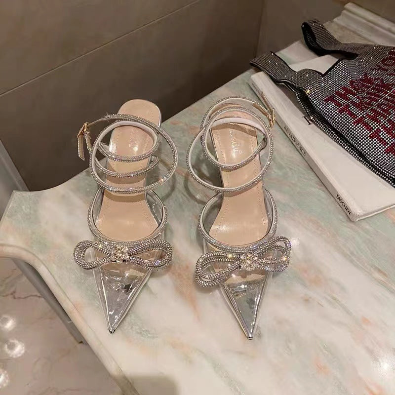 Manufacturers supply European and American style 2020 new bow-knot rhinestone pointed toe satin sandals female lace-up stiletto high heels