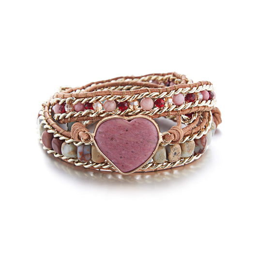 Cross-border Hot Selling Ethnic Love Leather Colorful Stone Beaded Bracelet Natural Stone Crystal 3 Layer Winding Bracelet