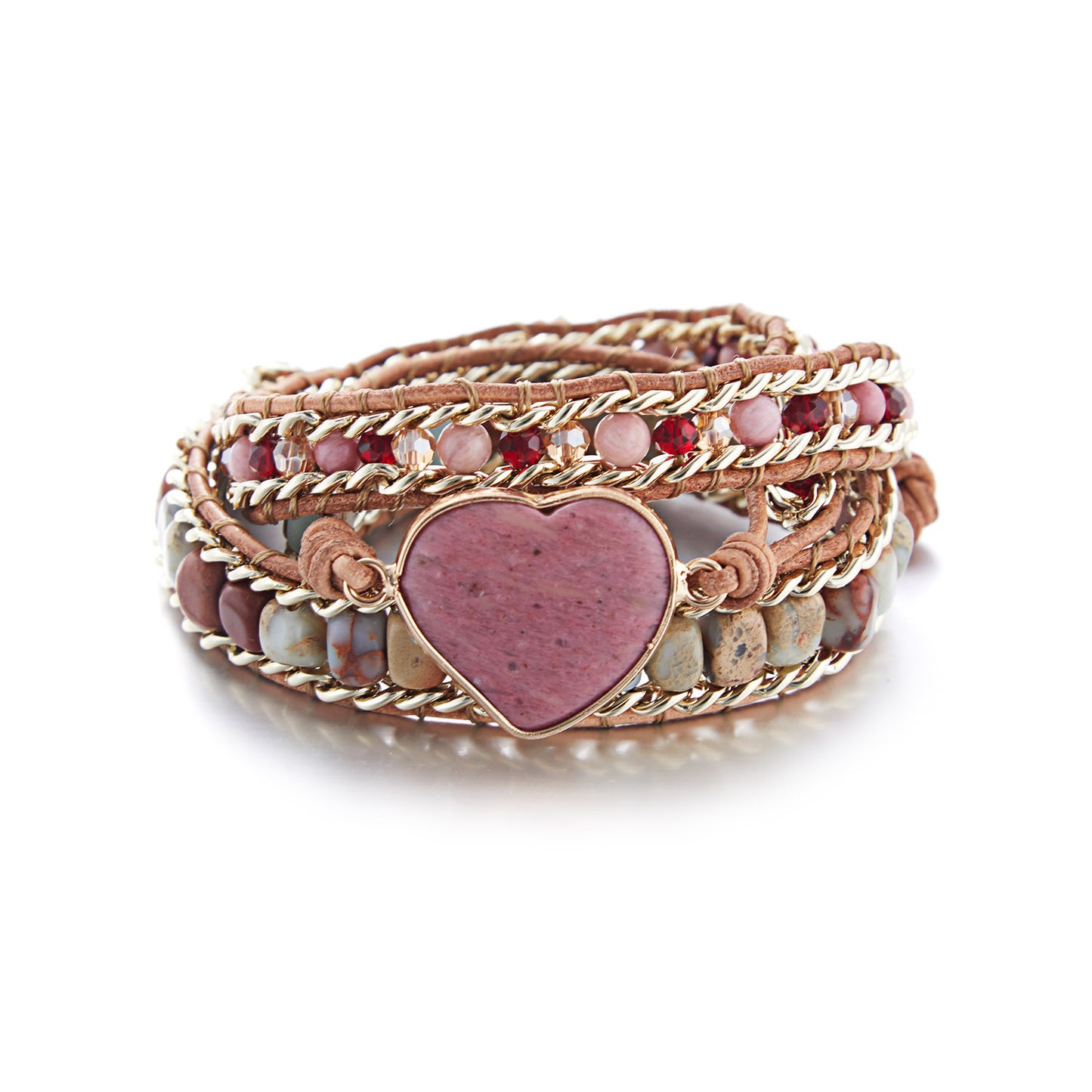 Cross-border Hot Selling Ethnic Love Leather Colorful Stone Beaded Bracelet Natural Stone Crystal 3 Layer Winding Bracelet