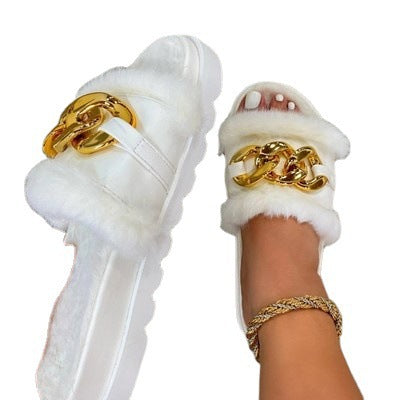Chain plush slippers women 2021 new European and American thick-soled one-word plush slippers foreign trade large size cross-border sandals and slippers women