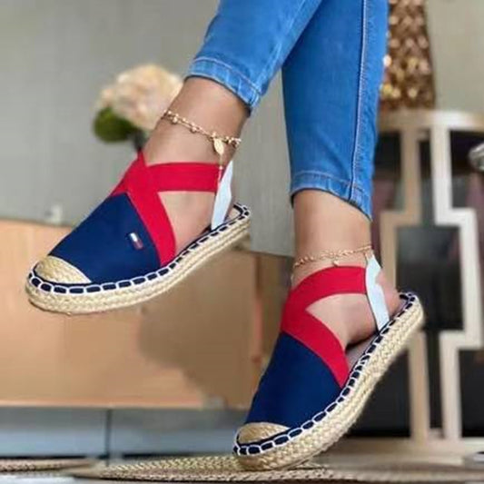 Independent station wish cross-border foreign trade new style straw woven flat elastic women's sandals large size 35-43 factory