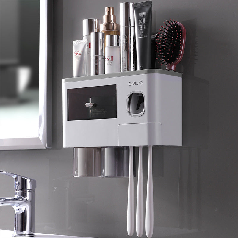 Toothbrush holder toothbrush rack squeeze toothpaste mouthwash cup punch-free wall-mounted tooth cylinder bathroom storage set