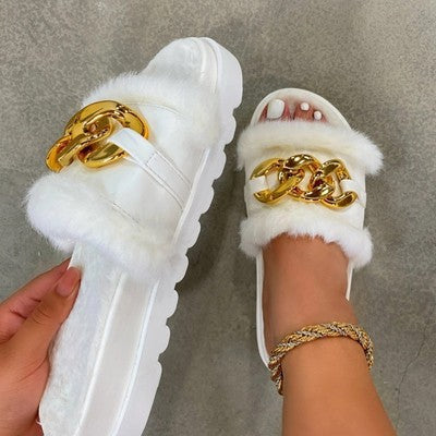 Chain plush slippers women 2021 new European and American thick-soled one-word plush slippers foreign trade large size cross-border sandals and slippers women