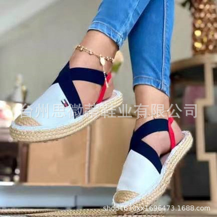 Independent station wish cross-border foreign trade new style straw woven flat elastic women's sandals large size 35-43 factory