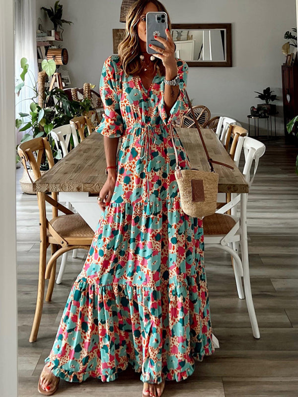 Elegant V-neck five-quarter-sleeved multicolored floral pleats stitching large swing dress