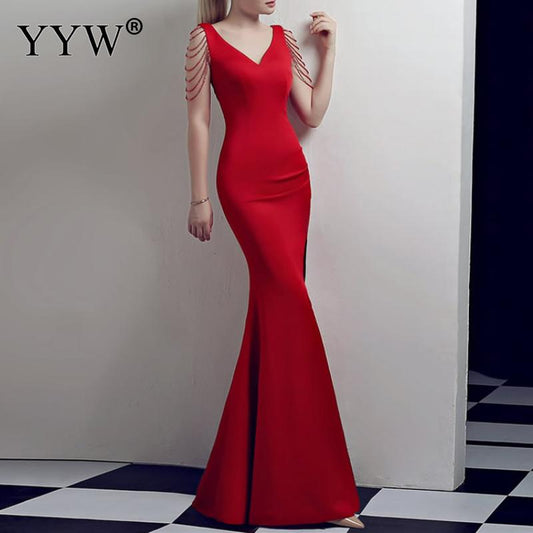 Crystal Beading V Neck Sleeveless Elegant Evening Dresses Women High Slit Formal Gowns Female Solid Green Red Sexy Club Vestidos