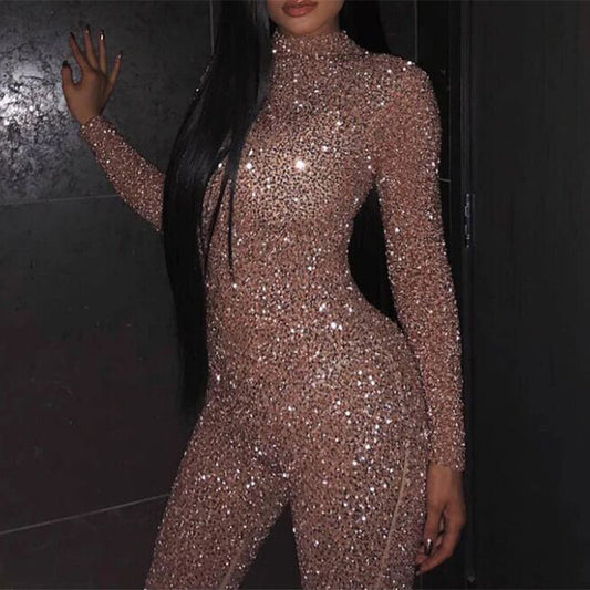 Women Style Skinny Jumpsuit Long Sleeve Bronzing Sequins Glitter Solid Color Sexy Round Collar Ladies Party Rompers