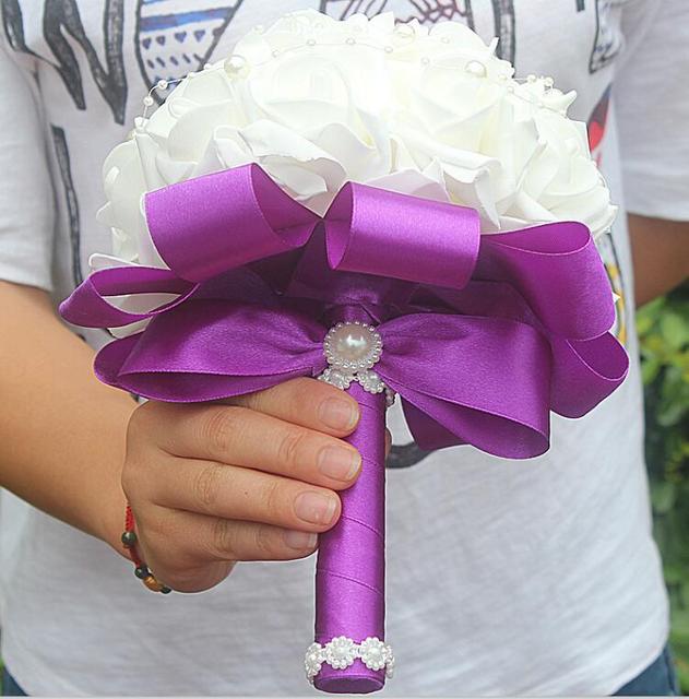 Cheap PE Rose Bridesmaid Wedding Foam flowers Rose Bridal bouquet Ribbon Fake Wedding bouquet de noiva Customized