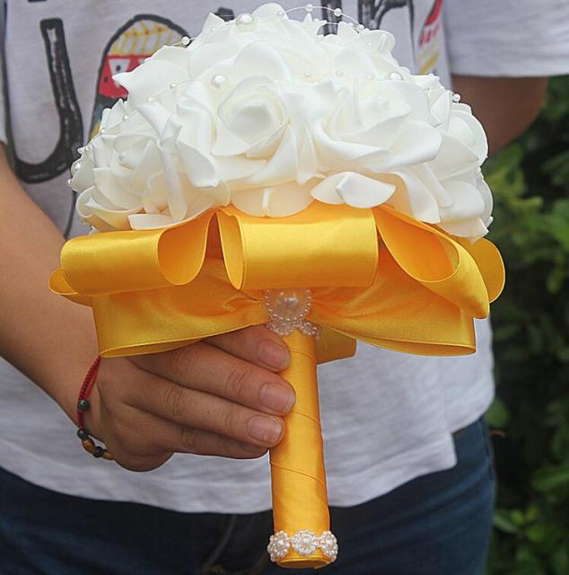 Cheap PE Rose Bridesmaid Wedding Foam flowers Rose Bridal bouquet Ribbon Fake Wedding bouquet de noiva Customized
